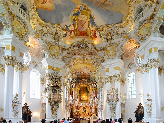 Wieskirche, designed by the Zimmermann brothers, near Steingaden, Germany, 1745–1755, view toward altar.