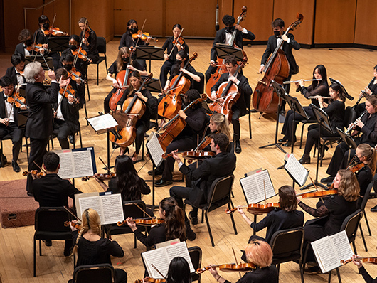 Aerial view of orchestral players on stage.