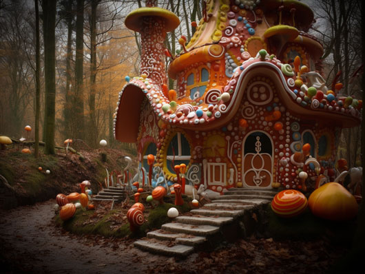 A cottage made of colorful candy in the middle of the woods