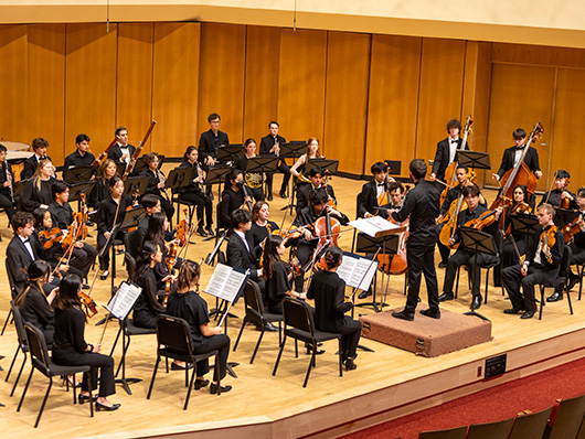 An orchestra performing onstage