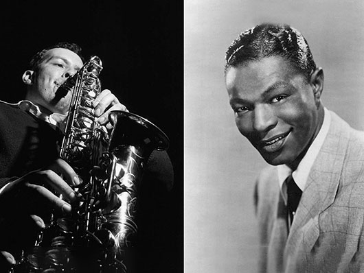 A black and white photo collage of Jackie McLean playing the saxophone and Nat King Cole smiling