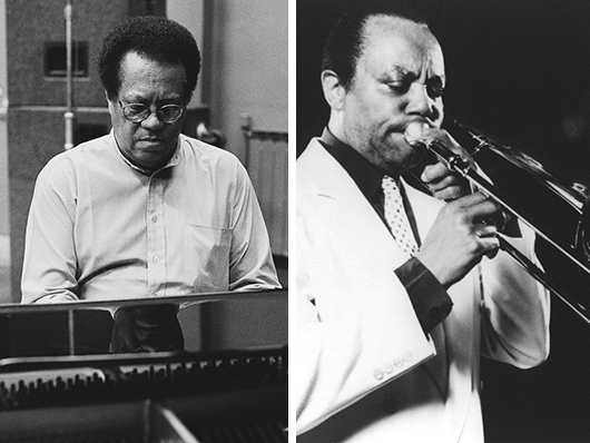 Black and white photos of Cedar Walton playing piano and J. J. Johnson playing trombone