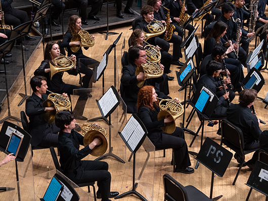 Musicians play onstage playing French horns and woodwinds.