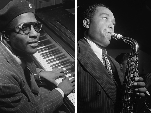 Theolonius Monk sitting at the piano and Charlie Parker playing the saxophone.