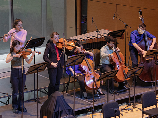 Musicians stand playing on a platform, including two cellists, two violinist, and a flautist.