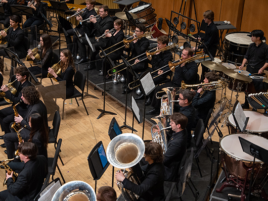 A row of brass musicians and percussionists play on a wooden stage.