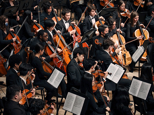 A densely-packed stage of musicians, including cellos, violins, and violas.