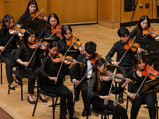 Rows of violinists and violists play onstage.