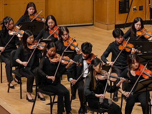 An ensemble of string players perform onstage.