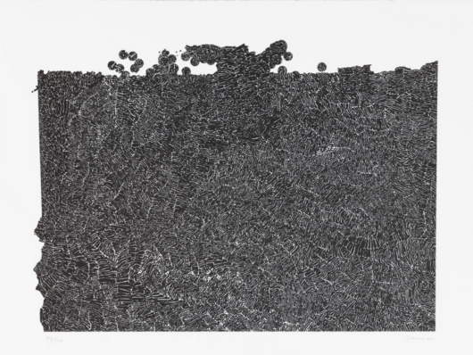 Dense black squiggly lines fill a rectangle that has ragged top and left edges and a small wave on top