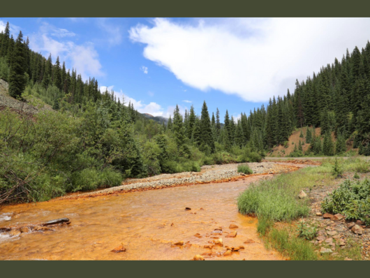 A view upstream of Animas Creek, Colorado with yellowish water