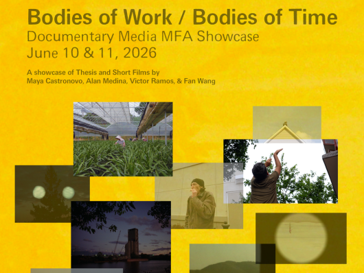 Yellow background with scattered film stills and the text "Bodies of Work/Bodies of Time"