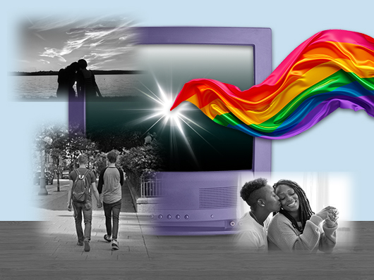 Television with a rainbow banner emerging from the screen and images of couples