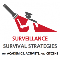 Logo of a flashlight shining on a policeman. Caption reads: "Surveillance Survival Strategies for Academics, Activists, and Citizens".