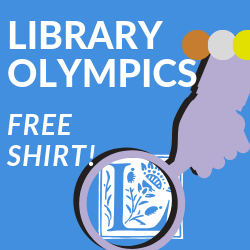 library olympics free shirt. picture of a hand holding a magnifying glass over the letter L