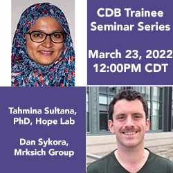 Headshots of Tahmina Sultana, PhD, and Dan Sykora with white text on purple background reading, "CDB Trainee Seminar Series, March 23, 2022, 12:00pm CDT; Tahmina Sultana, PhD, Hope Lab, Dan Sykora, Mrksich Group"