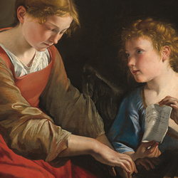 Painting of two Baroque angels playing instruments