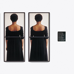 A detail from a Lorna Simpson artwork containing four diptych polaroid images of the back of a woman's body and a black plaque with white text.