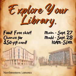 water color image of main and mudd libraries along with dates and times of the event.