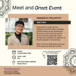 Beige and brown flyer with black text and henna graphic with description of the person, event, and QR code.