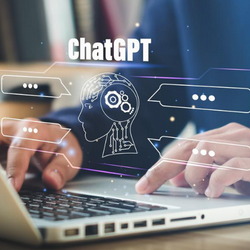 Person at computer keyboard with overlay of computerized head with four chat bubbles.