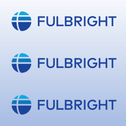 Repeats "Fulbright" three times with a stylized blue globe.