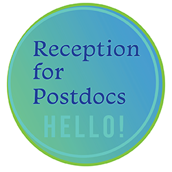 Blue-green background with blue type that says "Reception for Postdocs" and light green "hello"