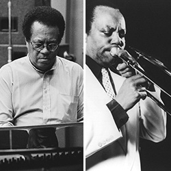 Black and white photos of Cedar Walton playing piano and J. J. Johnson playing trombone