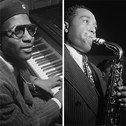 Theolonius Monk sitting at the piano and Charlie Parker playing the saxophone.