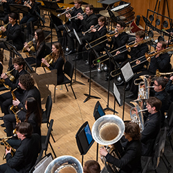 A row of brass musicians and percussionists play on a wooden stage.