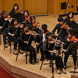 Rows of violinists and violists play onstage.