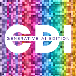 The letters CDI in white block print with Generative AI Edition written within them, on a rainbow colored background.