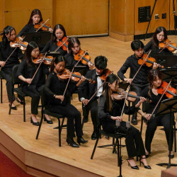 An ensemble of string players perform onstage.