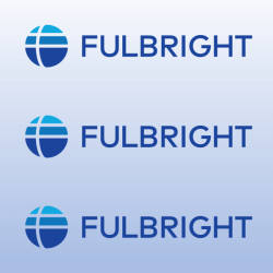 Light blue square with three stacked lines in dark blue. Each line has a globe, then the word Fulbright..