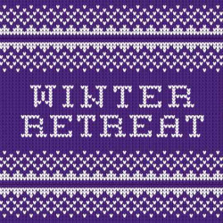 Winter Retreat written in font that resembles knitting stitches on a purple background with decorative knit elements.