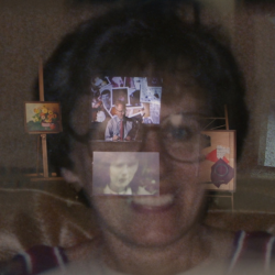 Screens with different media layered over the image of a woman smiling