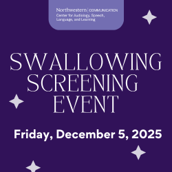 This purple graphic has the NUCASLL logo and says Swallowing Screening Event, December 5, 2025. Light purple stars decorate the background.