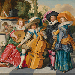 Painting of a consort of musicians including viola da gamba, lute, and singers