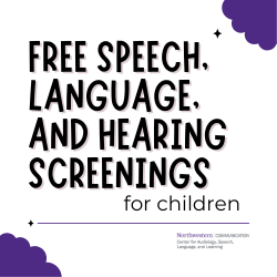 Text reads "Free Speech, Language, and Hearing Screenings for Children." There are purple accents in two corners and the NUCASLL logo at the bottom right.
