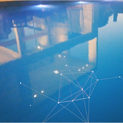 Detail from still image of American Skies, blue sky superimposed with constellation