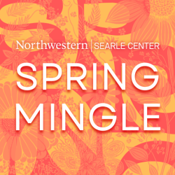 Spring Mingle in white text on a colorful background of abstract flowers.