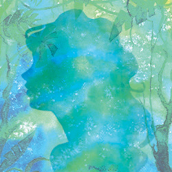 A woman is silhouetted in a shimmering pattern