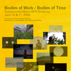 Yellow background with scattered film stills and the text "Bodies of Work/Bodies of Time"