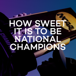A photo with a trophy in the background is shown with the words "How Sweet It Is to Be National Champions"