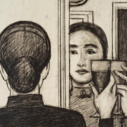 woman looking in mirror