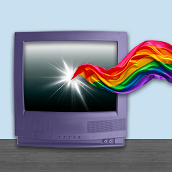 Television with a rainbow banner emerging from the screen