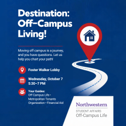Image of the Destination: Off-Campus Living poster. Image includes the Foster-Walker location, and notes that the event will occur on October 7 from 5:30-7 PM.